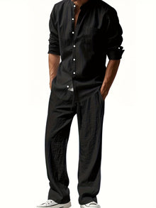 Theron | Herren Stehkragen Zweiteiler Hemd und Hose Set – Schwarz