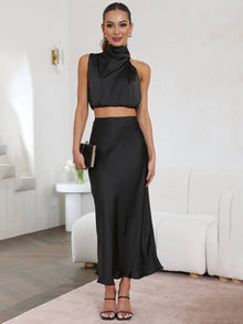 Tindra | Damen Neckholder Zweiteiler Crop Top Maxirock – Schwarz