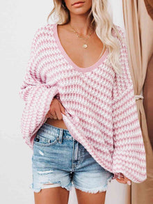 Strickpullover mit V-Ausschnitt | Oversize | Strukturierte Maschen – Rosa