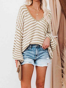 Strickpullover mit V-Ausschnitt | Oversize | Strukturierte Maschen – Khaki