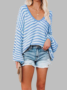 Strickpullover mit V-Ausschnitt | Oversize | Strukturierte Maschen – Hellblau