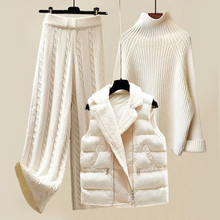 Cozy Chic 3-teiliges Set aus Kabelstrick und Pufferweste für Frauen – Beige