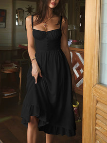 Damen ärmelloses Midi Kleid mit Knopfleiste und Rüschensaum – Schwarz