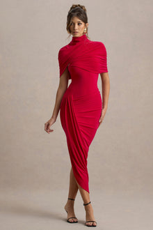 Drapiertes Midikleid – Figurbetontes Abendkleid mit Stehkragen & Cape-Detail – Rot