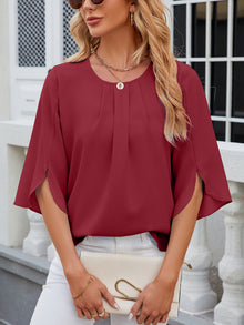 Leichte Fließende Unifarbene Rundhals Dreiviertelarm Chiffon Bluse – Burgunder