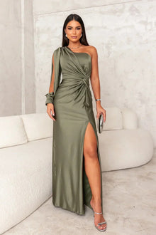 Damen Ein Schulter Maxi Abendkleid – Olivgrün