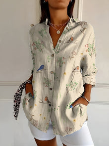 Damen Langarm Button-Down Hemd – Klassisch & Elegant – Vögel