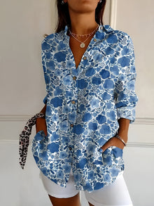 Ylona - Elegantes Damen Oberteil mit Floralem Muster & Knöpfen – Dunkelblaue Blume