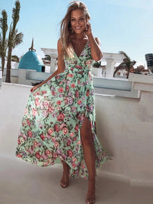Maxikleid | Blumenmuster & Seitenschlitz | Luftig & Feminin – Grün