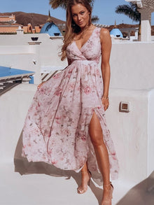 Maxikleid | Blumenmuster & Seitenschlitz | Luftig & Feminin – Rosa