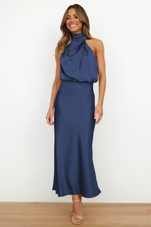 Aukje – Elegantes ärmelloses Maxikleid Aus Satin – Blau