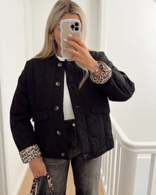 Damen elegante Jacke mit Leoparden Futter – Schwarz