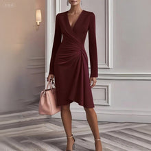 Vevina | Damen Wickelkleid V-Ausschnitt Langarm Knielang – Burgunder