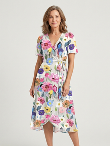 Zafrina | Midi-Kleid mit abstraktem Muster – Weiß