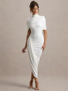 Drapiertes Midikleid – Figurbetontes Abendkleid mit Stehkragen & Cape-Detail – Weiß