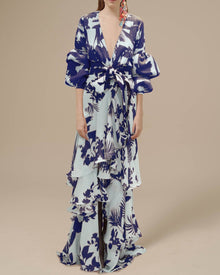 Willa | Damen Blumen Wickelkleid Maxi – Blau