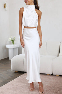 Elegantes Satin-Zweiteiler-Set – Neckholder-Top & Maxi-Rock – Weiß