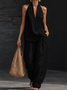 Nele | V-Ausschnitt-Top & weite Hose im Leinen-Look – Schwarz
