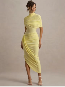 Drapiertes Midikleid – Figurbetontes Abendkleid mit Stehkragen & Cape-Detail – Gelb