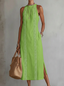 Zenobia | Damen Ärmeloses Midikleid mit Stehkragen – Grün