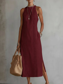 Zenobia | Damen Ärmeloses Midikleid mit Stehkragen – Rot