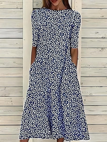 Malgorzata – Sommer-Midikleid Mit Küstenblumen – Dunkelblau
